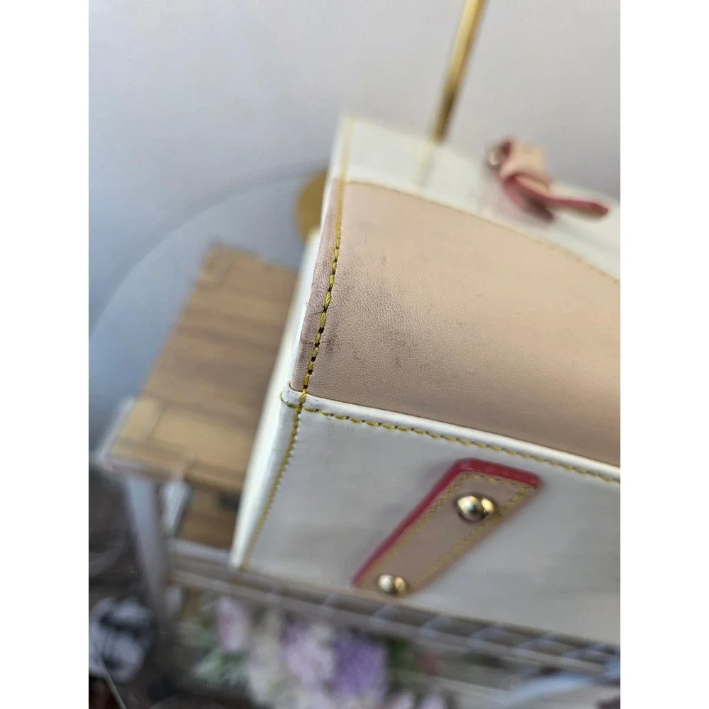 Dooney & Bourke White Patent Leather Satchel Tan Trim Contrast Stitch Handbag